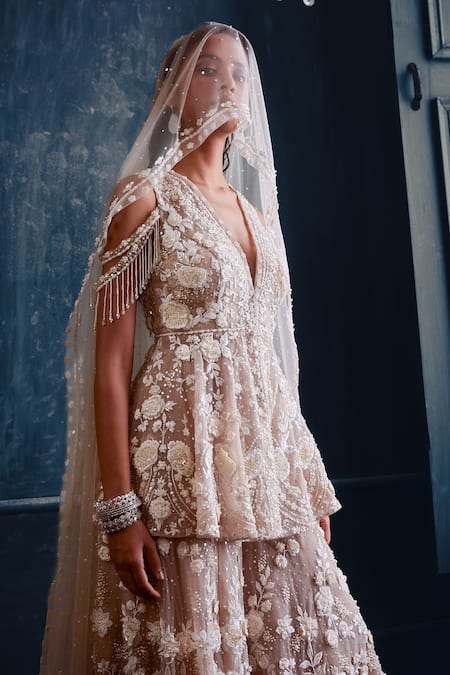 Seema Gujral_Beige Net 3d Floral Motifs Plunge V Neck Embroidered Kurta Sharara Set _Online_at_Aza_Fashions