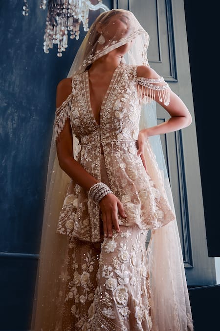 Buy_Seema Gujral_Beige Net 3d Floral Motifs Plunge V Neck Embroidered Kurta Sharara Set _Online_at_Aza_Fashions