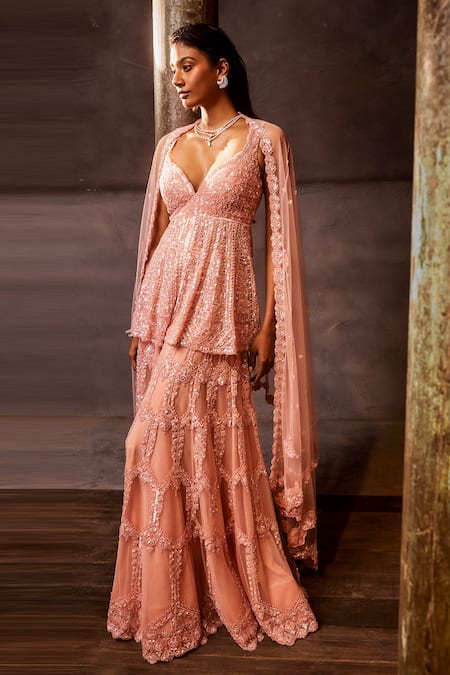 Seema Gujral_Pink Net Sequin Work Plunge V Neck Embroidered Peplum Kurta Sharara Set _Online_at_Aza_Fashions