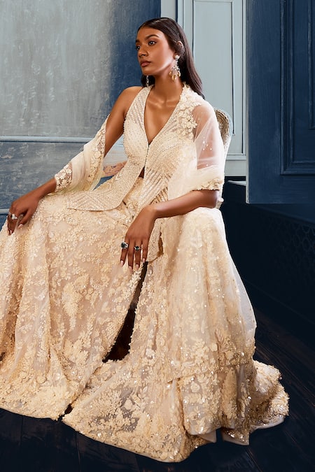 Buy_Seema Gujral_Ivory Net 3d Floral Motifs V Neck Embroidered Kurta Sharara Set_Online_at_Aza_Fashions