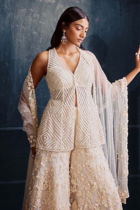 Shop_Seema Gujral_Ivory Net 3d Floral Motifs V Neck Embroidered Kurta Sharara Set_Online_at_Aza_Fashions