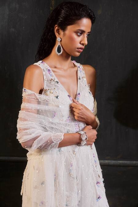 Shop_Seema Gujral_White Net Pearls V Neck Embroidered Kurta Sharra Set_Online_at_Aza_Fashions