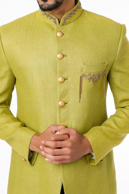Nero By Shaifali And Satya_Green Handloom Matka Silk Embroidered Jodhpuri And Pant Set_Online_at_Aza_Fashions