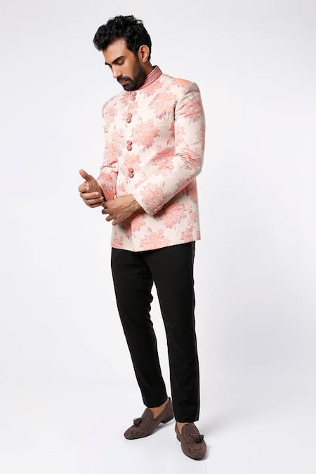 Nero by Shaifali and Satya Pink Brocade Floral Motifs Jodhpuri And Pant Set