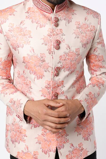 Nero By Shaifali And Satya_Pink Brocade Floral Motifs Jodhpuri And Pant Set_Online_at_Aza_Fashions