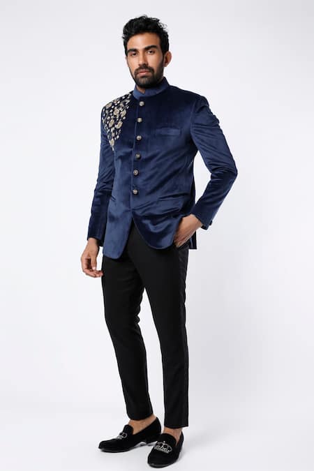 Buy Blue Suede Embroidered Floral Motifs Jodhpuri And Pant Set For Men ...