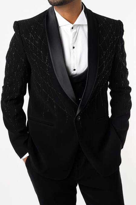Nero By Shaifali And Satya_Black Suiting Fabric Satin Lapel Tuxedo Pant Set_Online_at_Aza_Fashions