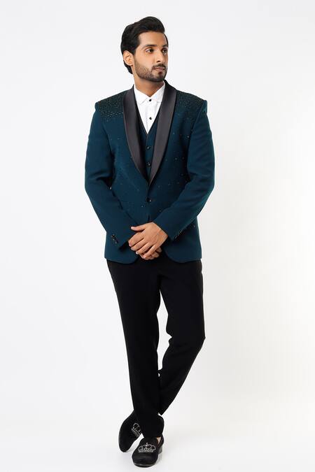 Nero by Shaifali and Satya Blue Suiting Fabric Embellished Tuxedo Pant Set