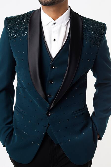 Nero by Shaifali and Satya_Blue Suiting Fabric Embellished Tuxedo Pant Set_Online_at_Aza_Fashions
