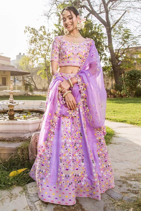 Shop Surbhi Shah Purple Raw Silk, Organza Floral Motifs V Neck Embroidered Bridal Lehenga Set at Aza Fashions Shop_Surbhi Shah_Purple Raw Silk, Organza Floral Motifs V Neck Embroidered Bridal Lehenga Set _at_Aza_Fashions