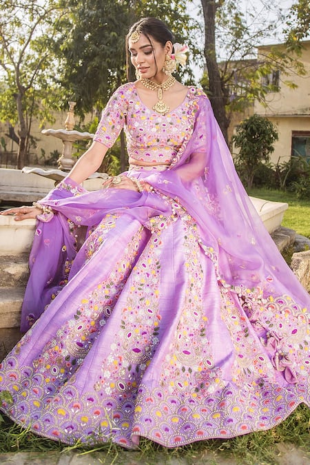 Surbhi Shah Purple Raw Silk, Organza Floral Motifs V Neck Embroidered Bridal Lehenga Set Online at Aza Fashions Surbhi Shah_Purple Raw Silk, Organza Floral Motifs V Neck Embroidered Bridal Lehenga Set _Online_at_Aza_Fashions