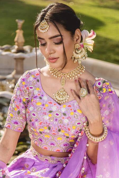 Surbhi Shah Purple Raw Silk, Organza Floral Motifs V Neck Embroidered Bridal Lehenga Set at Aza Fashions Surbhi Shah_Purple Raw Silk, Organza Floral Motifs V Neck Embroidered Bridal Lehenga Set _at_Aza_Fashions