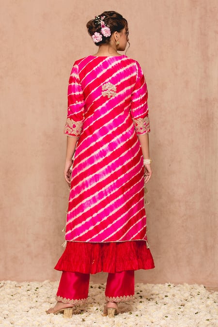 Shop_Surbhi Shah_Red And Silk Lining Pure Embroidery & Print Gota Kurta Pant Set _at_Aza_Fashions