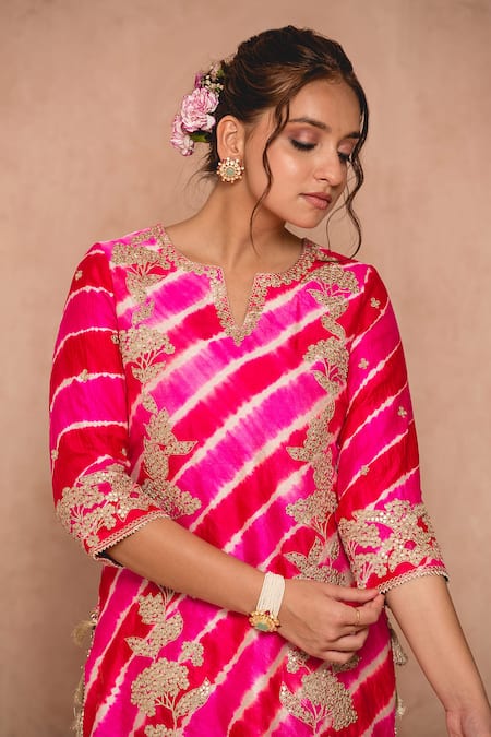 Shop_Surbhi Shah_Red And Silk Lining Pure Embroidery & Print Gota Kurta Pant Set _Online_at_Aza_Fashions