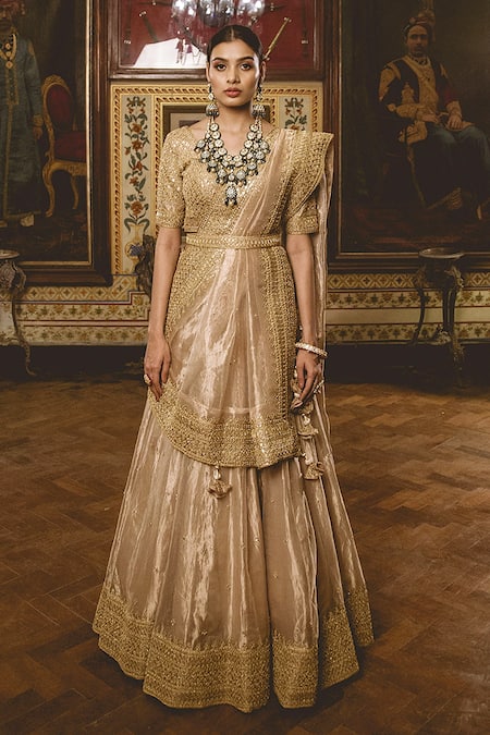 Shop_Surbhi Shah_Gold Tissue Gota Zardozi Embroidered Bridal Lehenga Set _at_Aza_Fashions