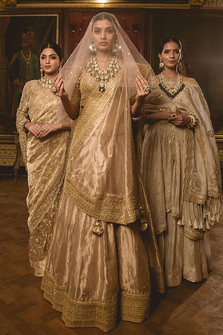 Surbhi Shah_Gold Tissue Gota Zardozi Embroidered Bridal Lehenga Set _Online_at_Aza_Fashions