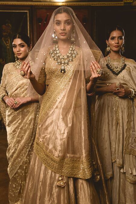 Buy_Surbhi Shah_Gold Tissue Gota Zardozi Embroidered Bridal Lehenga Set _Online_at_Aza_Fashions