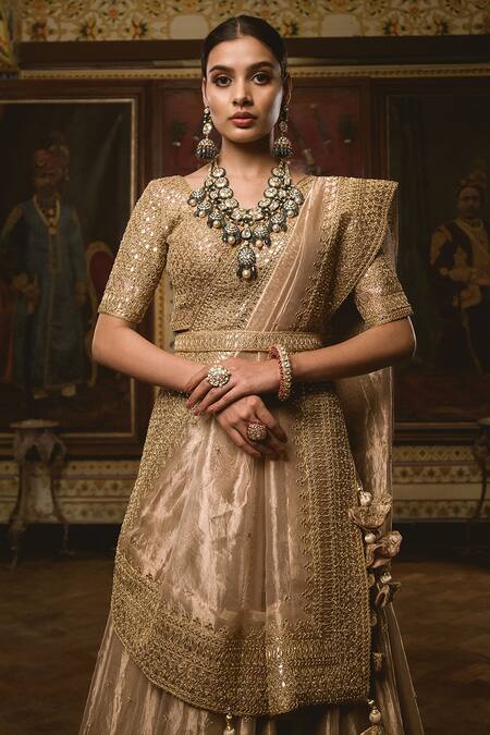 Shop_Surbhi Shah_Gold Tissue Gota Zardozi Embroidered Bridal Lehenga Set _Online_at_Aza_Fashions