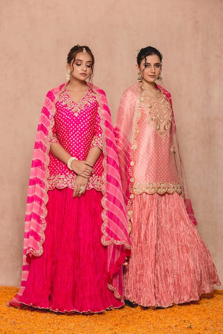 Buy Surbhi Shah Pink And Silk Lining Pure Embroidery & Print Kurta Lehenga Set Online at Aza Fashions Buy_Surbhi Shah_Pink And Silk Lining Pure Embroidery & Print Kurta Lehenga Set _Online_at_Aza_Fashions