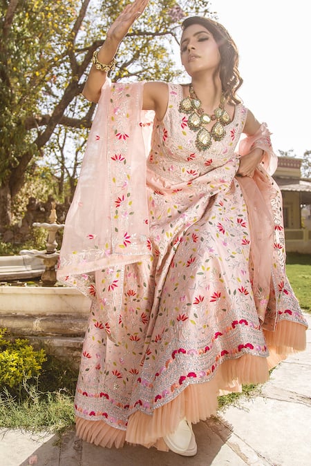 Shop Surbhi Shah Peach Silk, Organza Floral Motifs V Neck Embroidered Anarkali And Dupatta at Aza Fashions Shop_Surbhi Shah_Peach Silk, Organza Floral Motifs V Neck Embroidered Anarkali And Dupatta _at_Aza_Fashions