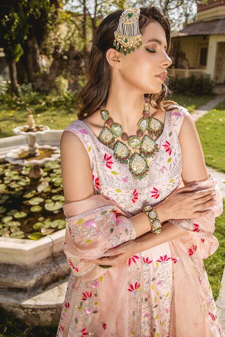 Surbhi Shah Peach Silk, Organza Floral Motifs V Neck Embroidered Anarkali And Dupatta Online at Aza Fashions Surbhi Shah_Peach Silk, Organza Floral Motifs V Neck Embroidered Anarkali And Dupatta _Online_at_Aza_Fashions