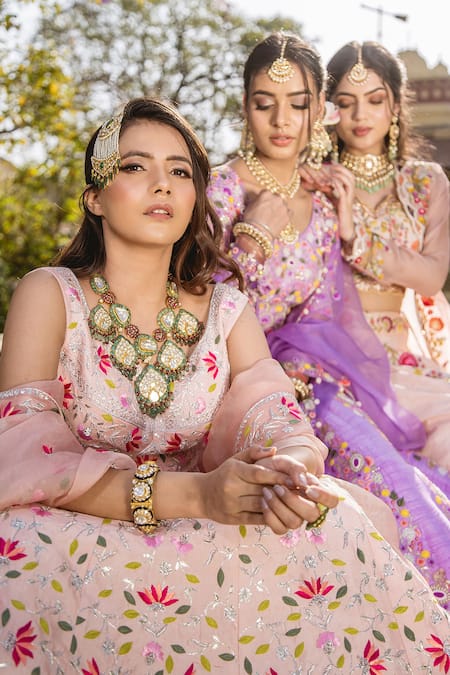 Shop Surbhi Shah Peach Silk, Organza Floral Motifs V Neck Embroidered Anarkali And Dupatta Online at Aza Fashions Shop_Surbhi Shah_Peach Silk, Organza Floral Motifs V Neck Embroidered Anarkali And Dupatta _Online_at_Aza_Fashions