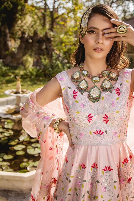 Surbhi Shah Peach Silk, Organza Floral Motifs V Neck Embroidered Anarkali And Dupatta at Aza Fashions Surbhi Shah_Peach Silk, Organza Floral Motifs V Neck Embroidered Anarkali And Dupatta _at_Aza_Fashions