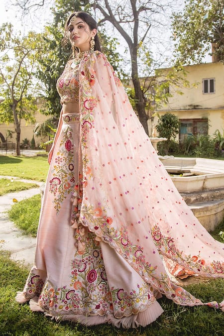 Shop Surbhi Shah Peach Raw Silk, Organza Resham, Sequins V Neck Embroidered Bridal Lehenga Set at Aza Fashions Shop_Surbhi Shah_Peach Raw Silk, Organza Resham, Sequins V Neck Embroidered Bridal Lehenga Set _at_Aza_Fashions