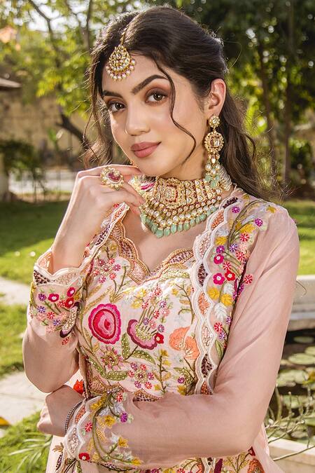 Surbhi Shah Peach Raw Silk, Organza Resham, Sequins V Neck Embroidered Bridal Lehenga Set Online at Aza Fashions Surbhi Shah_Peach Raw Silk, Organza Resham, Sequins V Neck Embroidered Bridal Lehenga Set _Online_at_Aza_Fashions