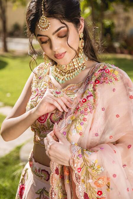 Shop Surbhi Shah Peach Raw Silk, Organza Resham, Sequins V Neck Embroidered Bridal Lehenga Set Online at Aza Fashions Shop_Surbhi Shah_Peach Raw Silk, Organza Resham, Sequins V Neck Embroidered Bridal Lehenga Set _Online_at_Aza_Fashions
