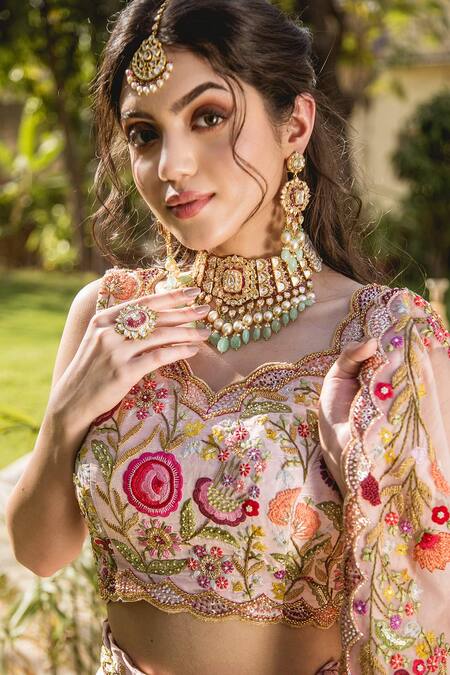 Surbhi Shah Peach Raw Silk, Organza Resham, Sequins V Neck Embroidered Bridal Lehenga Set at Aza Fashions Surbhi Shah_Peach Raw Silk, Organza Resham, Sequins V Neck Embroidered Bridal Lehenga Set _at_Aza_Fashions