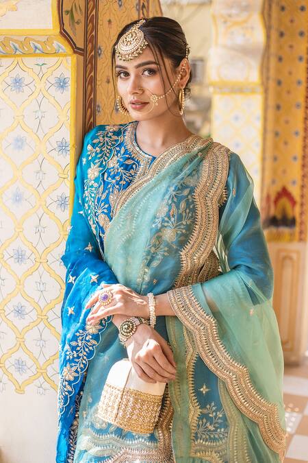 Surbhi Shah Blue Organza, Pure Spun Silk Marori, Floral Embroidered Kurta Lehenga Set Online at Aza Fashions Surbhi Shah_Blue Organza, Pure Spun Silk Marori, Floral Embroidered Kurta Lehenga Set _Online_at_Aza_Fashions