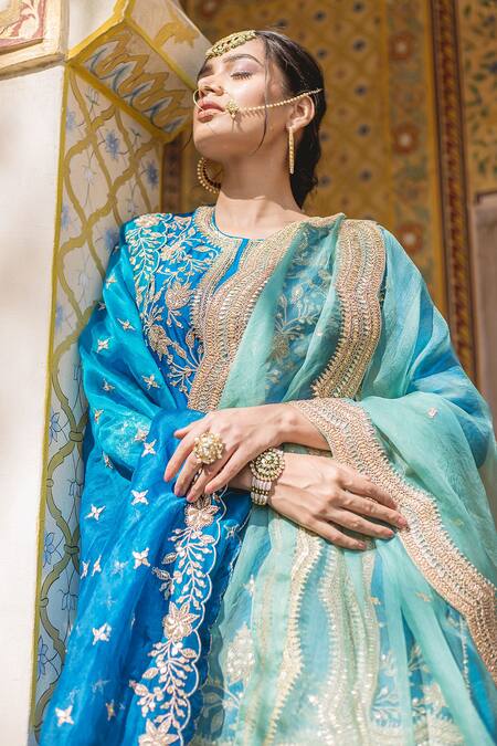 Buy Surbhi Shah Blue Organza, Pure Spun Silk Marori, Floral Embroidered Kurta Lehenga Set Online at Aza Fashions Buy_Surbhi Shah_Blue Organza, Pure Spun Silk Marori, Floral Embroidered Kurta Lehenga Set _Online_at_Aza_Fashions