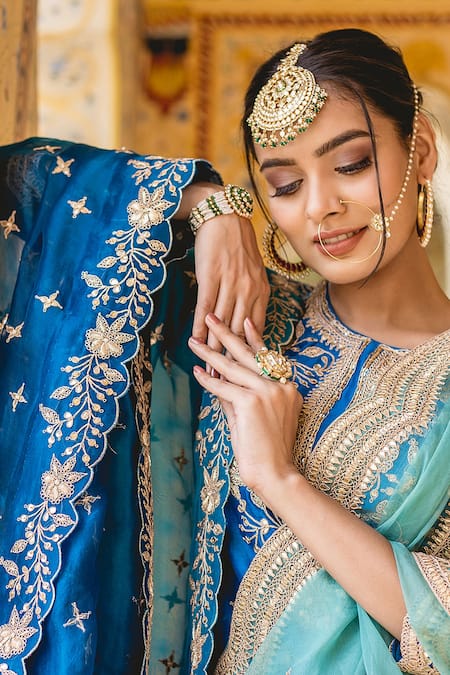 Surbhi Shah Blue Organza, Pure Spun Silk Marori, Floral Embroidered Kurta Lehenga Set at Aza Fashions Surbhi Shah_Blue Organza, Pure Spun Silk Marori, Floral Embroidered Kurta Lehenga Set _at_Aza_Fashions