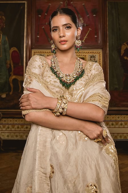 Buy_Surbhi Shah_Silver Tissue Floral Motifs V Neck Marori Embroidered Kurta Lehenga Set _Online_at_Aza_Fashions