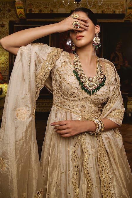Shop_Surbhi Shah_Silver Tissue Floral Motifs V Neck Marori Embroidered Kurta Lehenga Set _Online_at_Aza_Fashions