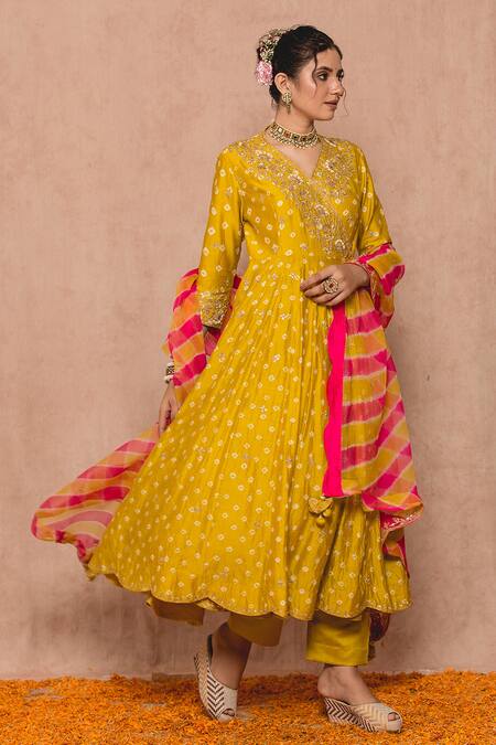 Surbhi Shah_Yellow And Silk Lining Pure Bandhej, Print Angrakha Anarkali Set_Online_at_Aza_Fashions