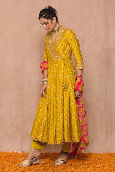 Shop_Surbhi Shah_Yellow And Silk Lining Pure Bandhej, Print Angrakha Anarkali Set_Online_at_Aza_Fashions