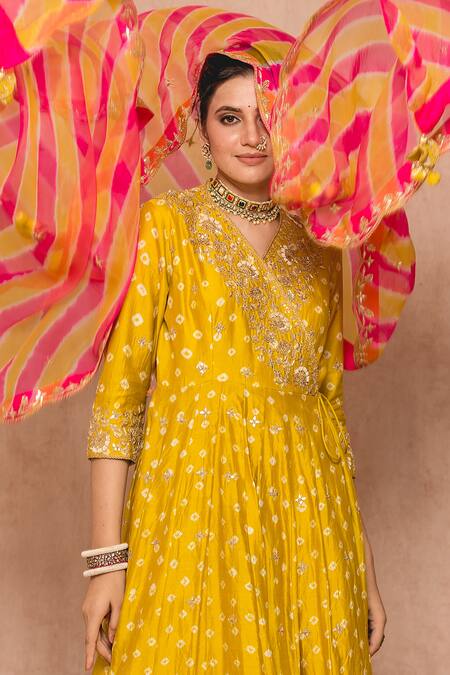Surbhi Shah_Yellow And Silk Lining Pure Bandhej, Print Angrakha Anarkali Set_at_Aza_Fashions
