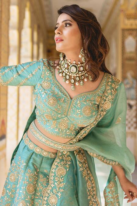 Buy Surbhi Shah Blue Organza, Pure Raw Silk Floral Motifs V Neck Embroidered Bridal Lehenga Set Online at Aza Fashions Buy_Surbhi Shah_Blue Organza, Pure Raw Silk Floral Motifs V Neck Embroidered Bridal Lehenga Set _Online_at_Aza_Fashions