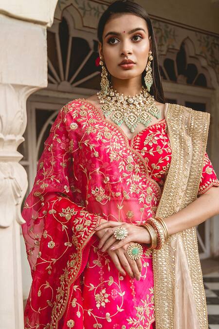 Surbhi Shah Red Silk, Organza Floral Motifs V Neck Embroidered Bridal Lehenga Set Online at Aza Fashions Surbhi Shah_Red Silk, Organza Floral Motifs V Neck Embroidered Bridal Lehenga Set _Online_at_Aza_Fashions