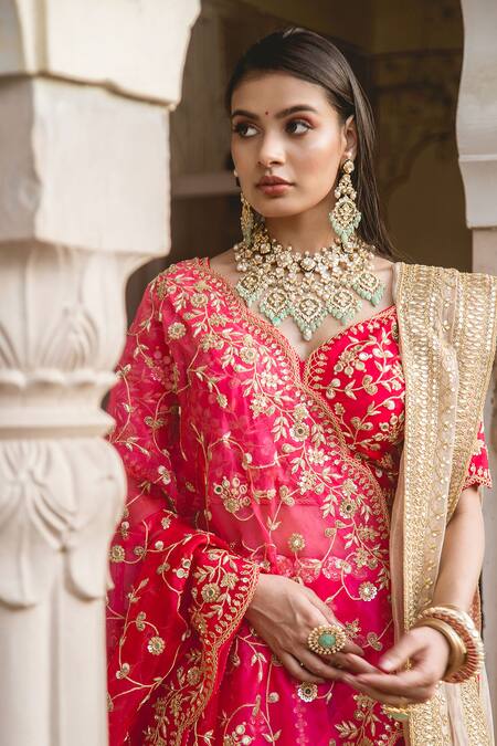 Buy Surbhi Shah Red Silk, Organza Floral Motifs V Neck Embroidered Bridal Lehenga Set Online at Aza Fashions Buy_Surbhi Shah_Red Silk, Organza Floral Motifs V Neck Embroidered Bridal Lehenga Set _Online_at_Aza_Fashions