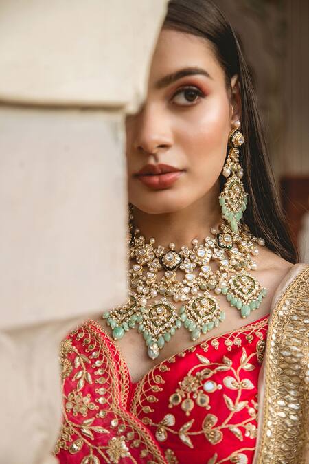 Shop Surbhi Shah Red Silk, Organza Floral Motifs V Neck Embroidered Bridal Lehenga Set Online at Aza Fashions Shop_Surbhi Shah_Red Silk, Organza Floral Motifs V Neck Embroidered Bridal Lehenga Set _Online_at_Aza_Fashions