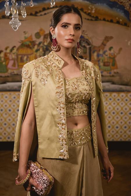 Surbhi Shah_Beige Satin Organza Sequins Cape Front Open Embroidered And Draped Skirt Set _Online_at_Aza_Fashions