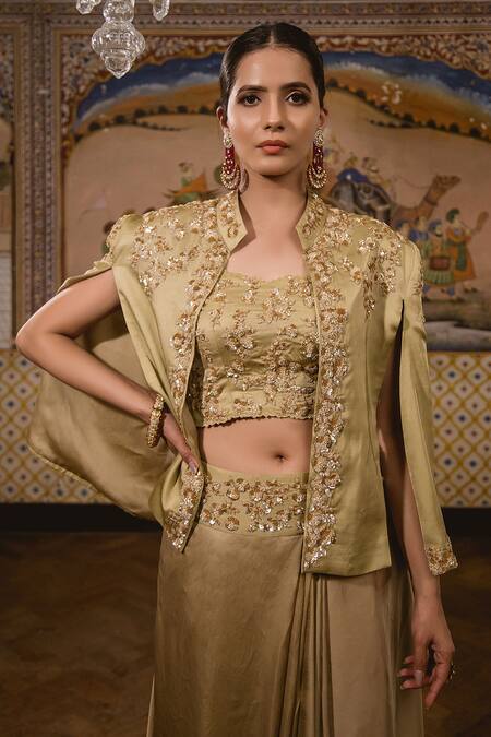 Buy_Surbhi Shah_Beige Satin Organza Sequins Cape Front Open Embroidered And Draped Skirt Set _Online_at_Aza_Fashions