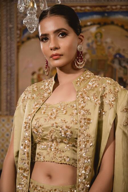 Shop_Surbhi Shah_Beige Satin Organza Sequins Cape Front Open Embroidered And Draped Skirt Set _Online_at_Aza_Fashions