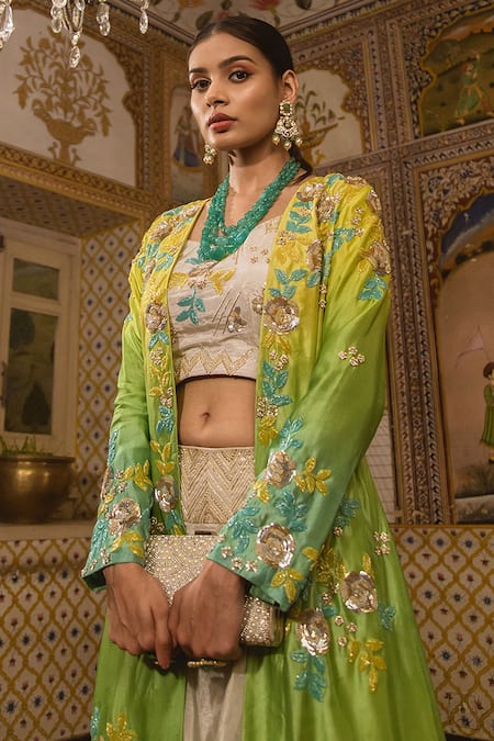 Shop Surbhi Shah Green Kora Silk Floral Motifs Blouse Embroidered Ombre Jacket And Sharara Set at Aza Fashions Shop_Surbhi Shah_Green Kora Silk Floral Motifs Blouse Embroidered Ombre Jacket And Sharara Set _at_Aza_Fashions