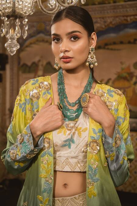Surbhi Shah Green Kora Silk Floral Motifs Blouse Embroidered Ombre Jacket And Sharara Set Online at Aza Fashions Surbhi Shah_Green Kora Silk Floral Motifs Blouse Embroidered Ombre Jacket And Sharara Set _Online_at_Aza_Fashions