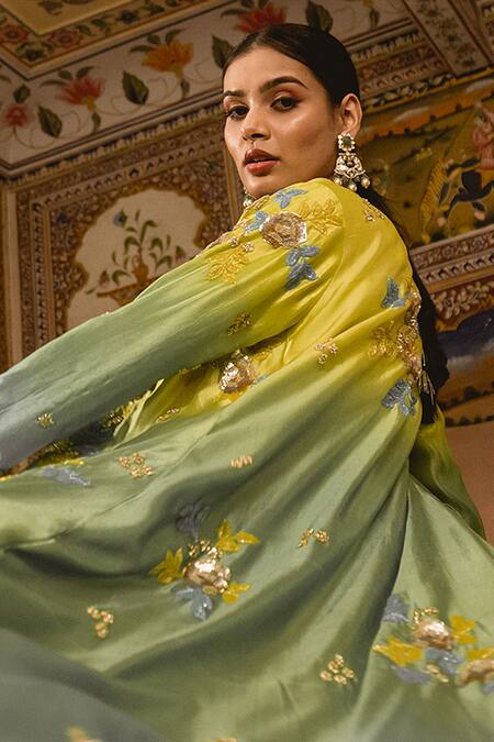 Buy Surbhi Shah Green Kora Silk Floral Motifs Blouse Embroidered Ombre Jacket And Sharara Set Online at Aza Fashions Buy_Surbhi Shah_Green Kora Silk Floral Motifs Blouse Embroidered Ombre Jacket And Sharara Set _Online_at_Aza_Fashions