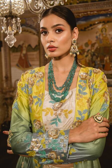 Shop Surbhi Shah Green Kora Silk Floral Motifs Blouse Embroidered Ombre Jacket And Sharara Set Online at Aza Fashions Shop_Surbhi Shah_Green Kora Silk Floral Motifs Blouse Embroidered Ombre Jacket And Sharara Set _Online_at_Aza_Fashions